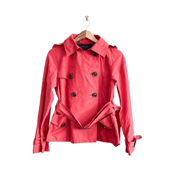 Zara Basic Women's Lined Belted Trench Jacket Coat Double Breasted Red Large - Picture 1 of 8
